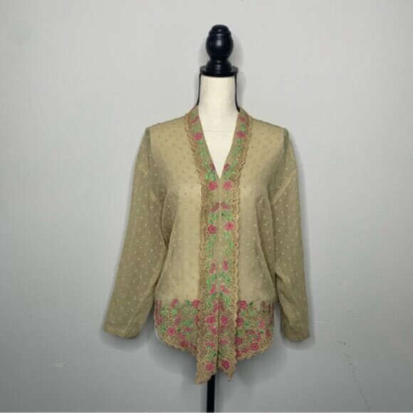 Lauren Ralph Lauren Embroidered Floral Lace Trim Sheer Blouse - Picture 7 of 13